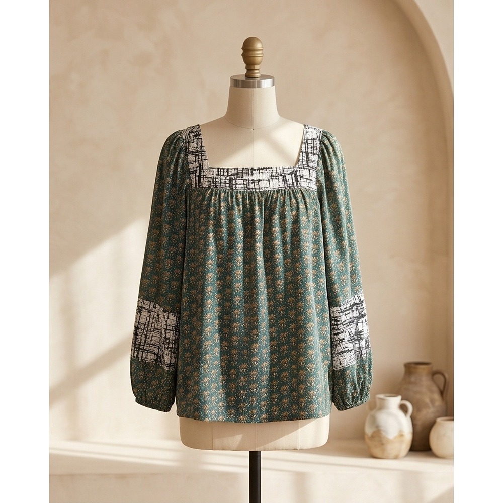 Weekend by Suzanne Betro XL Green Floral Long Sleeve Square Neck Top NEW